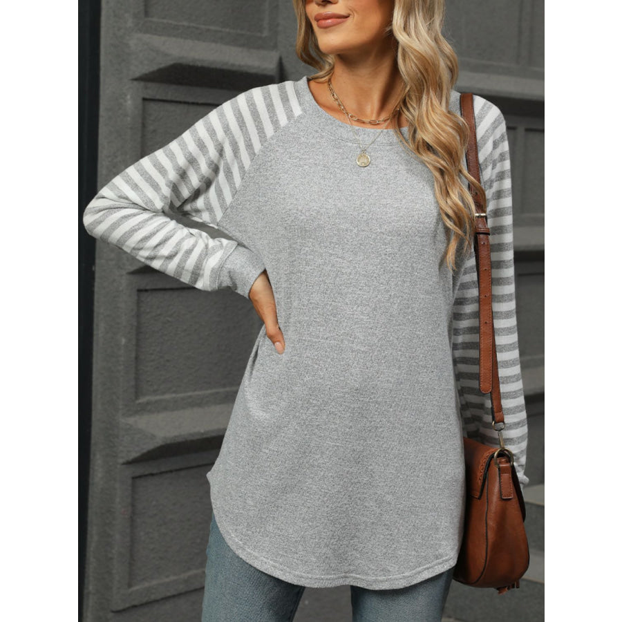 Striped Round Neck Long Sleeve T-Shirt Light Gray / S Apparel and Accessories