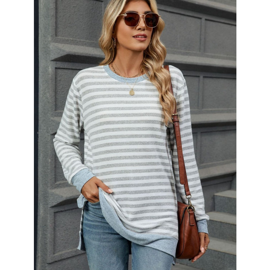 Striped Round Neck Long Sleeve T-Shirt Light Gray / S Apparel and Accessories