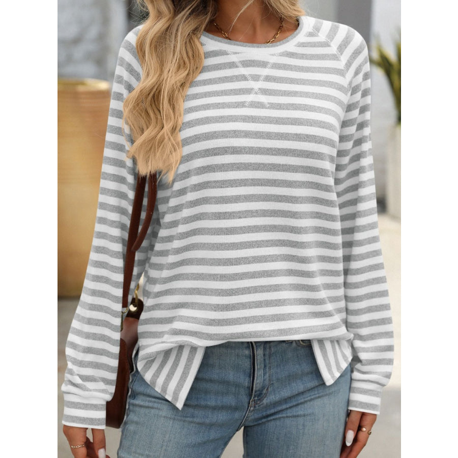 Striped Round Neck Long Sleeve T-Shirt Light Gray / S Apparel and Accessories