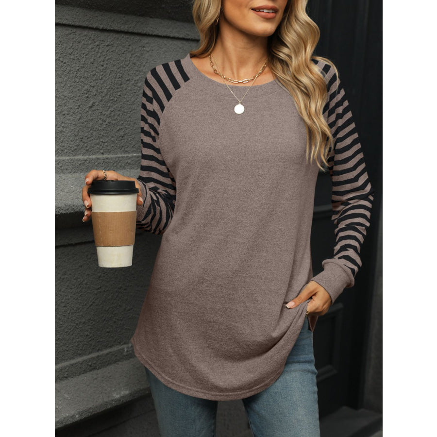 Striped Round Neck Long Sleeve T-Shirt Mocha / S Apparel and Accessories