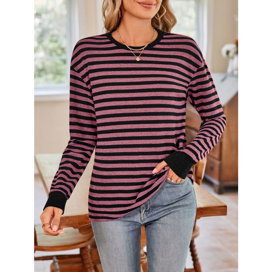 Striped Round Neck Long Sleeve T-Shirt Moonlit Mauve / S Apparel and Accessories