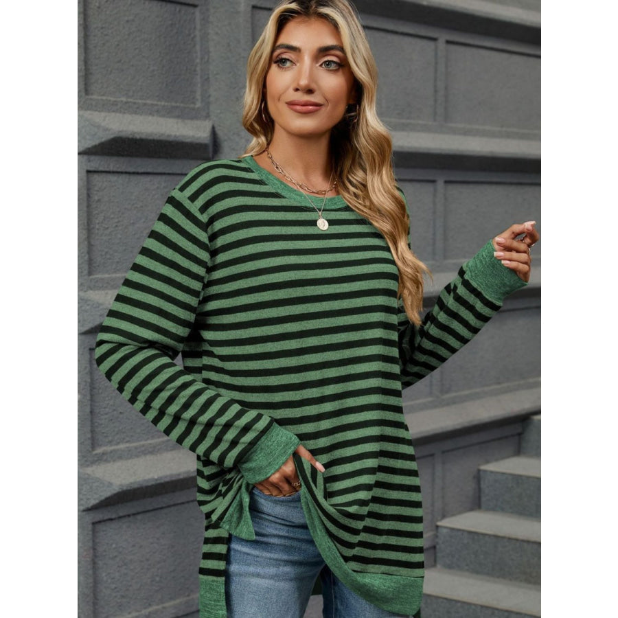 Striped Round Neck Long Sleeve T-Shirt Moss / S Apparel and Accessories