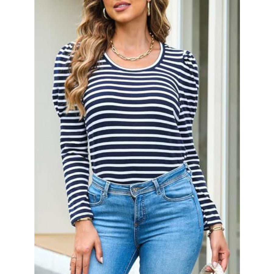 Striped Round Neck Long Sleeve T-Shirt Navy / S Apparel and Accessories