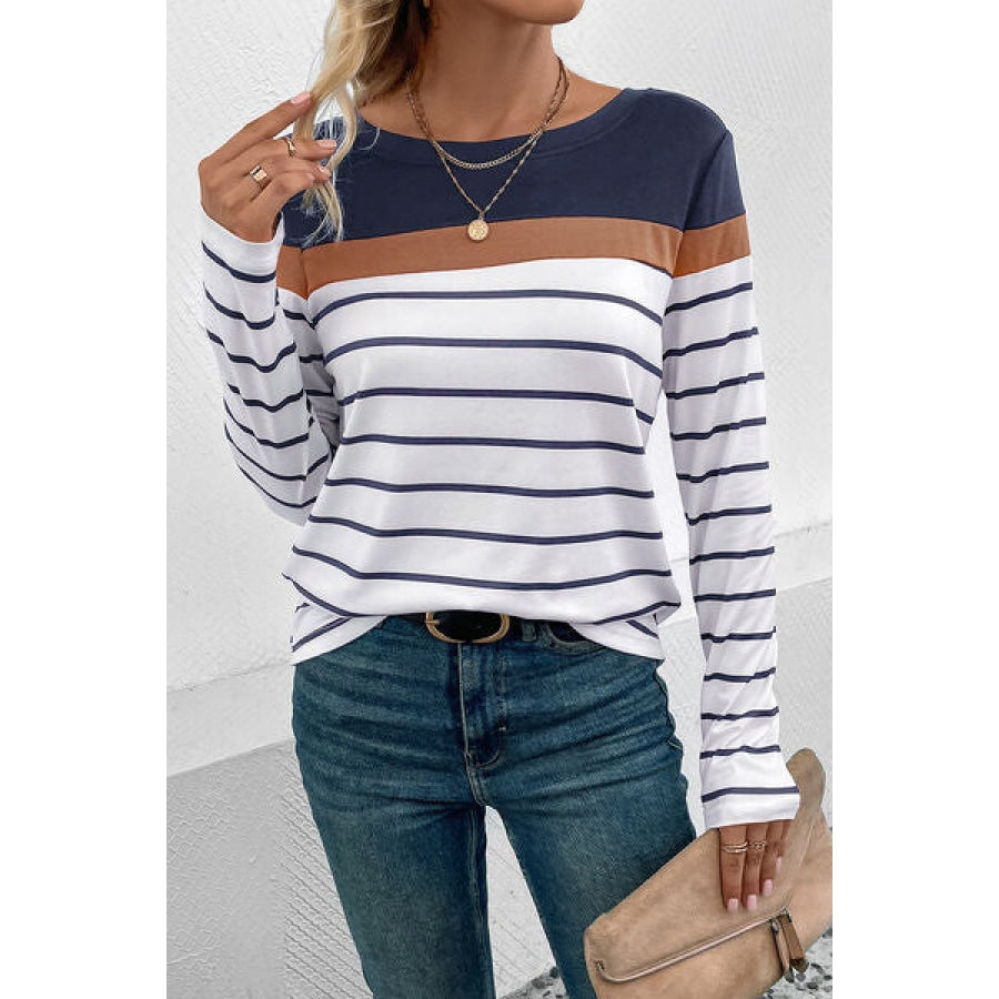 Striped Round Neck Long Sleeve T-Shirt Navy / S Clothing