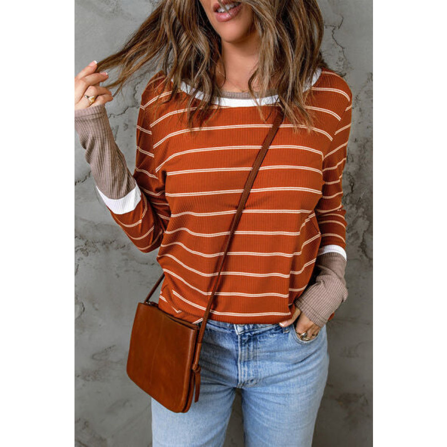 Striped Round Neck Long Sleeve T - Shirt Orange / S Apparel and Accessories