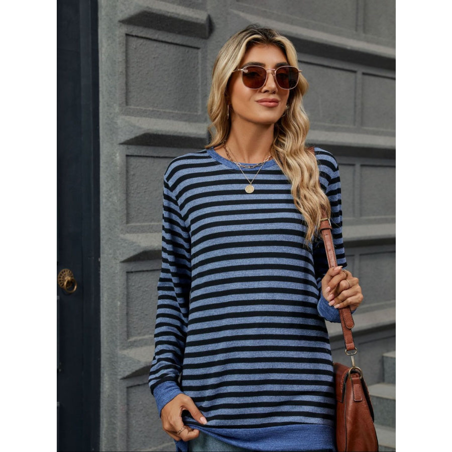 Striped Round Neck Long Sleeve T-Shirt Peacock Blue / S Apparel and Accessories