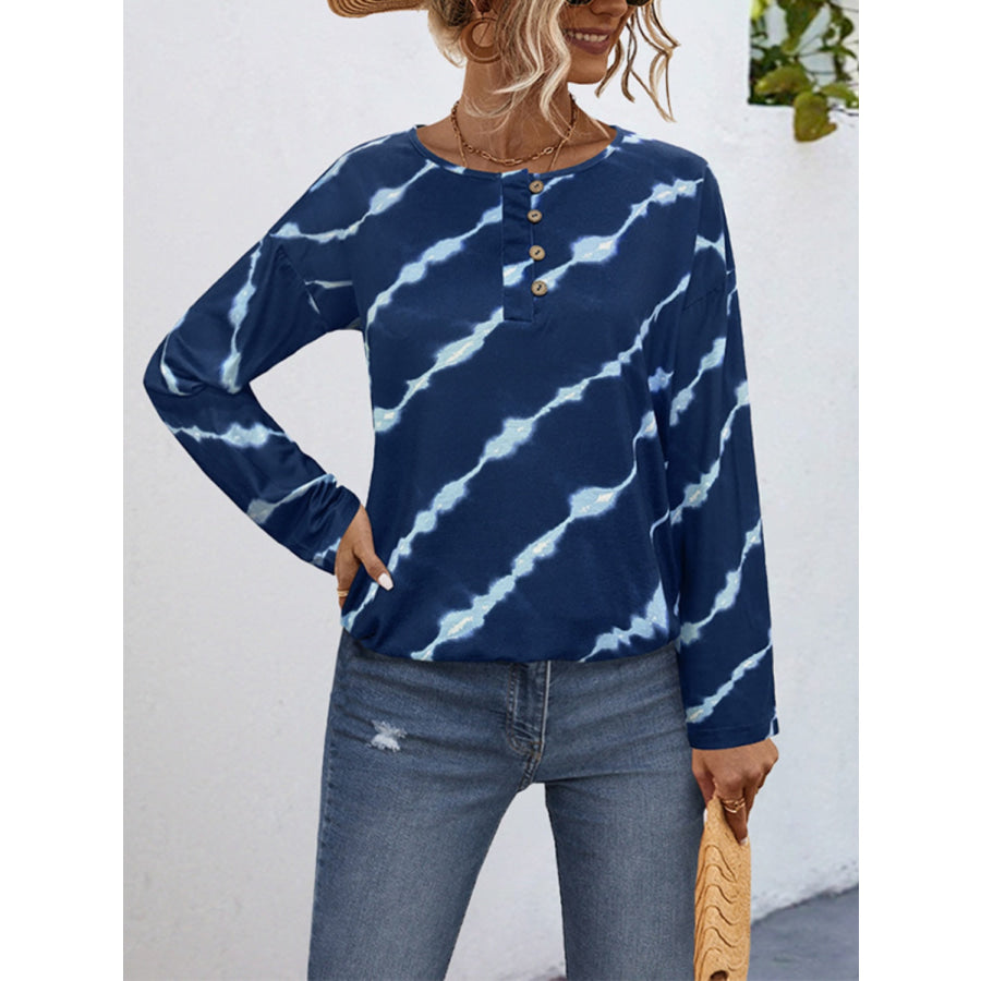 Striped Round Neck Long Sleeve T-Shirt Peacock Blue / S Apparel and Accessories