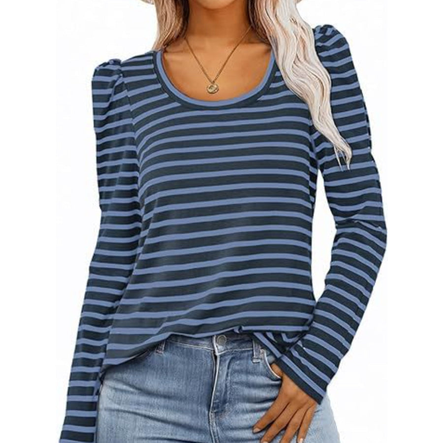 Striped Round Neck Long Sleeve T-Shirt Peacock Blue / S Apparel and Accessories