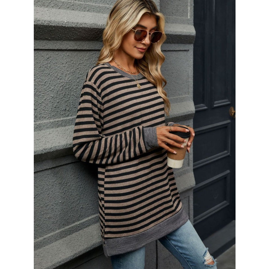 Striped Round Neck Long Sleeve T-Shirt Taupe / S Apparel and Accessories