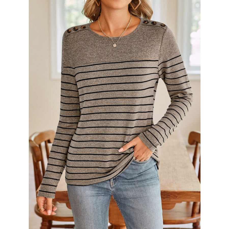 Striped Round Neck Long Sleeve T-Shirt Taupe / S Apparel and Accessories