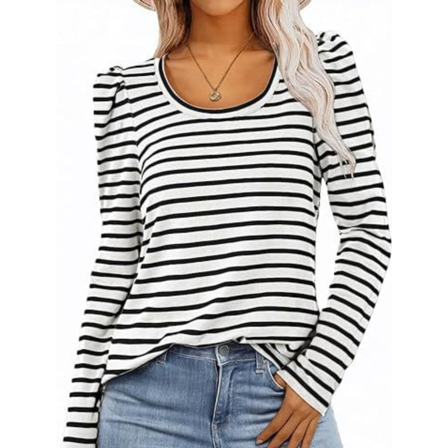 Striped Round Neck Long Sleeve T-Shirt White / S Apparel and Accessories