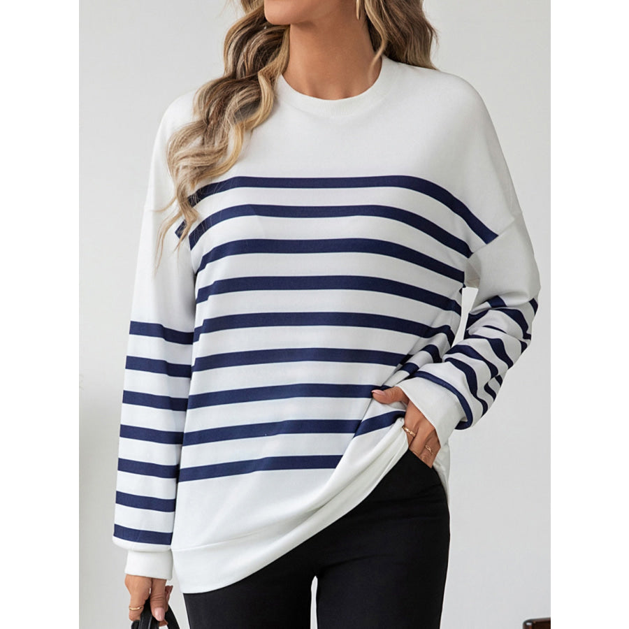 Striped Round Neck Long Sleeve T-Shirt White / S Apparel and Accessories