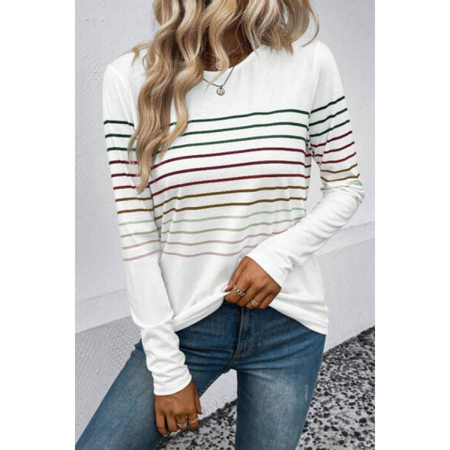 Striped Round Neck Long Sleeve T-Shirt White / S Apparel and Accessories