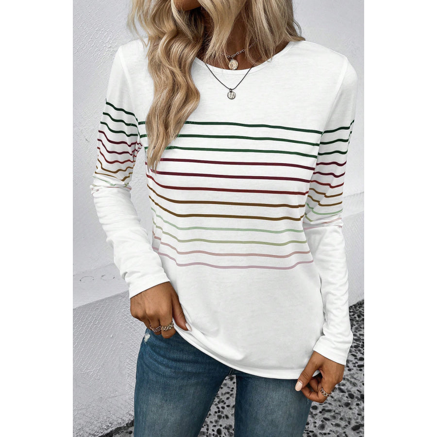 Striped Round Neck Long Sleeve T - Shirt White / S Apparel and Accessories