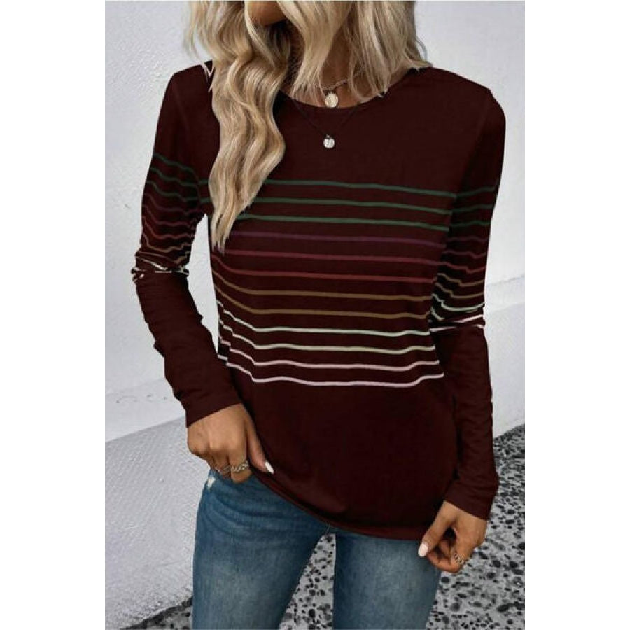 Striped Round Neck Long Sleeve T-Shirt Wine / S Apparel and Accessories