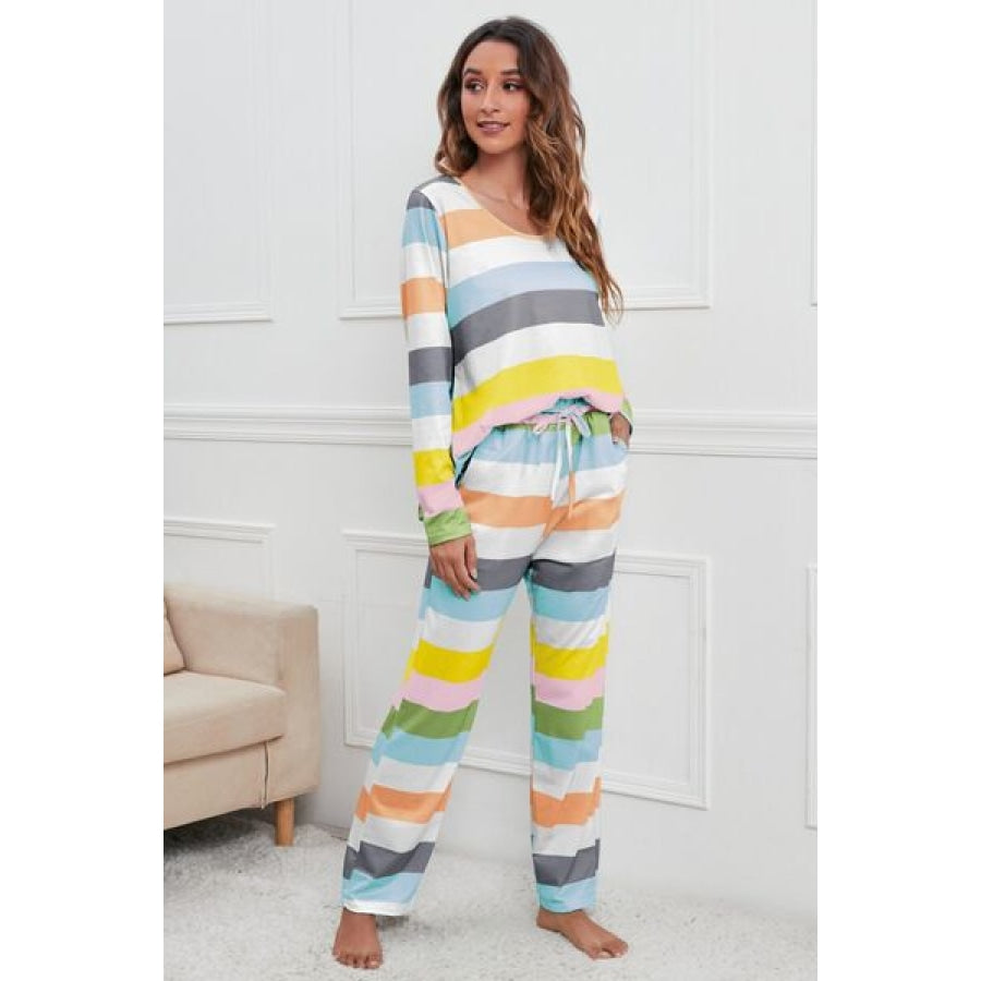 Striped Round Neck Long Sleeve Top and Drawstring Pants Lounge Set Apparel and Accessories