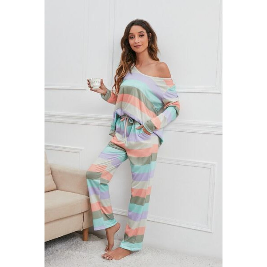 Striped Round Neck Long Sleeve Top and Drawstring Pants Lounge Set Apparel and Accessories