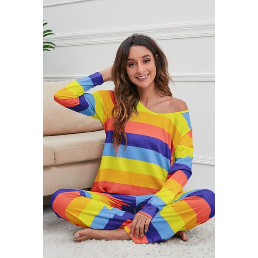 Striped Round Neck Long Sleeve Top and Drawstring Pants Lounge Set Apparel and Accessories