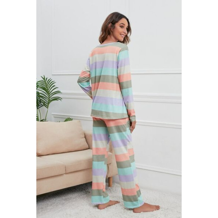 Striped Round Neck Long Sleeve Top and Drawstring Pants Lounge Set Misty Blue / S Apparel and Accessories