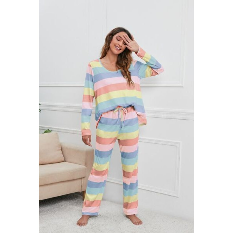 Striped Round Neck Long Sleeve Top and Drawstring Pants Lounge Set Apparel and Accessories