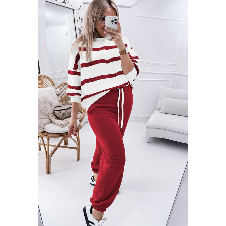 Striped Round Neck Long Sleeve Top and Pants Set Apparel and Accessories