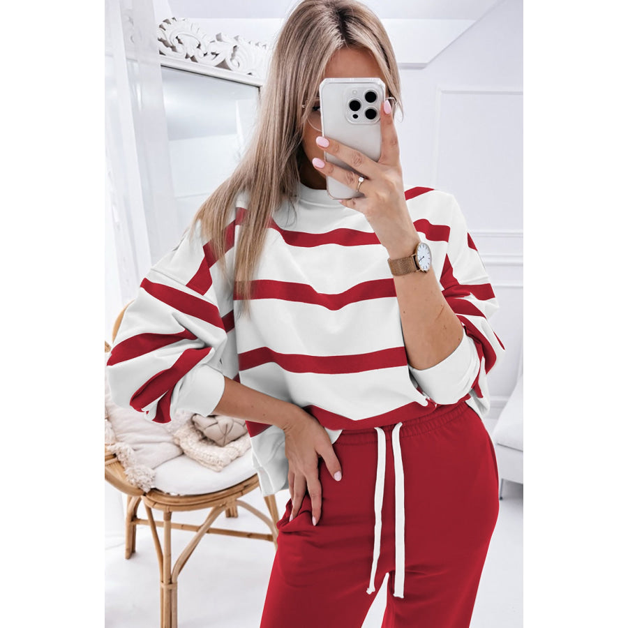 Striped Round Neck Long Sleeve Top and Pants Set Scarlet / S Apparel and Accessories