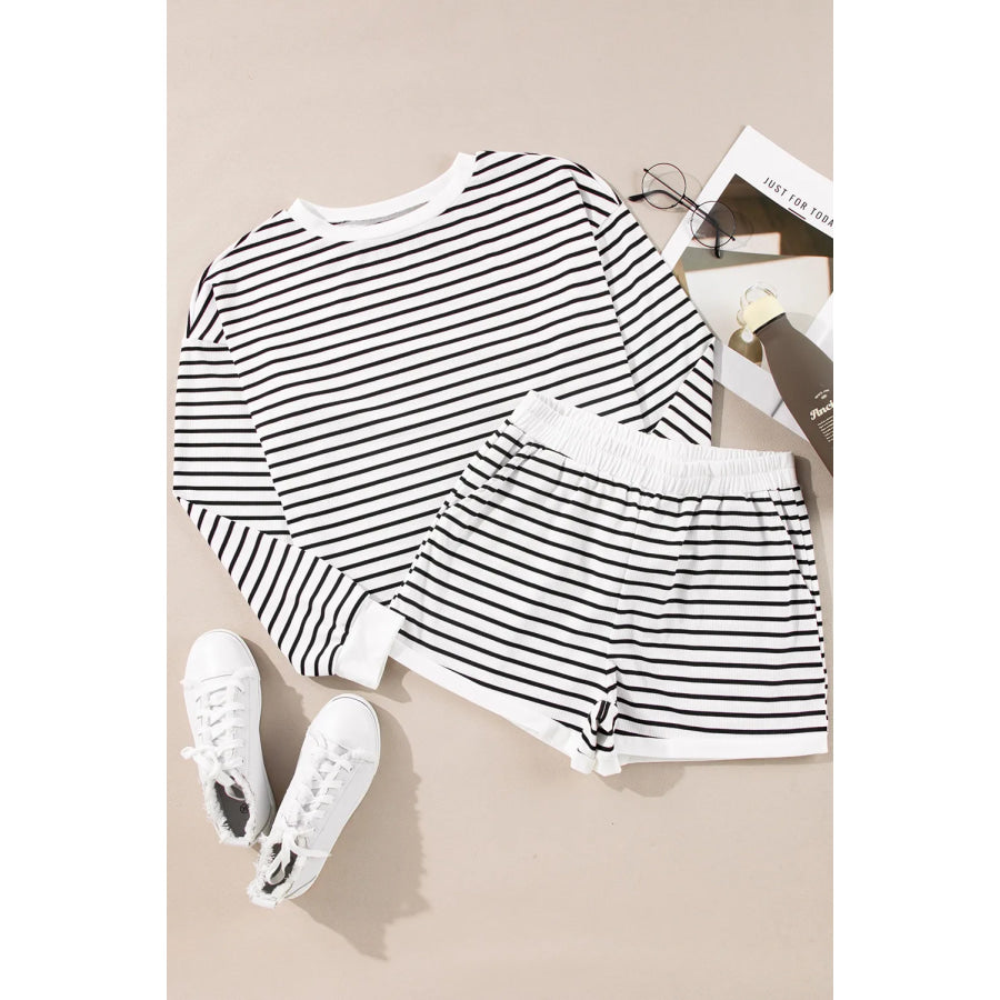 Striped Round Neck Long Sleeve Top and Shorts Set Apparel and Accessories