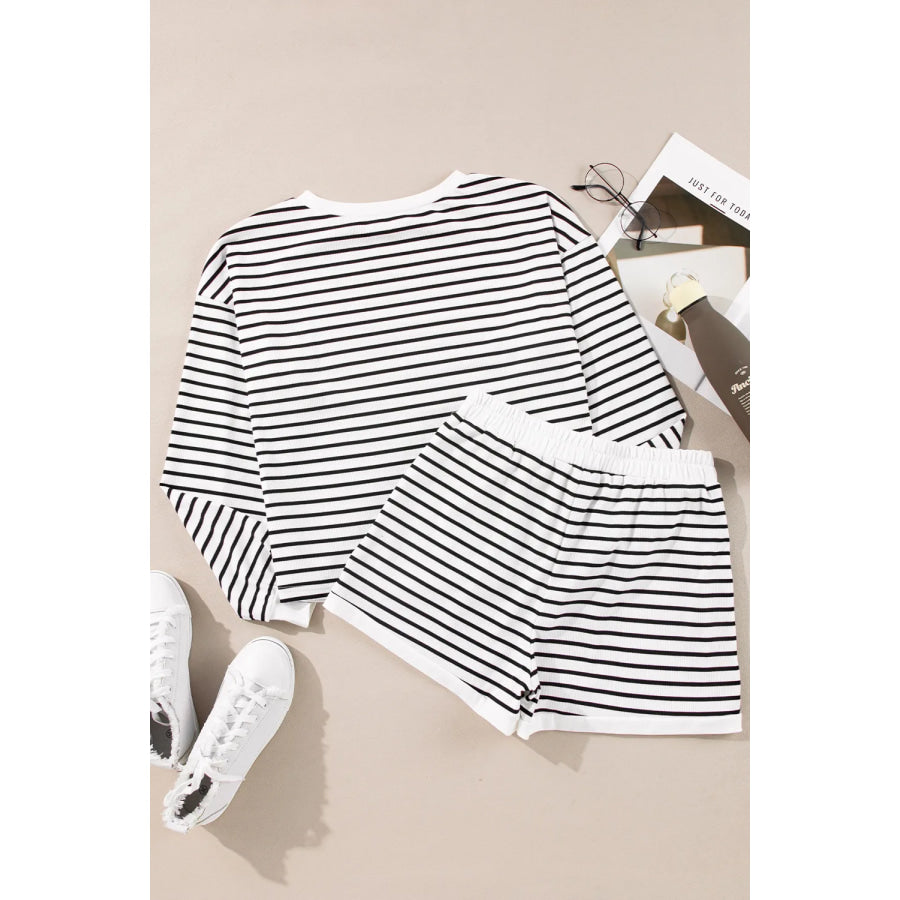 Striped Round Neck Long Sleeve Top and Shorts Set Apparel and Accessories