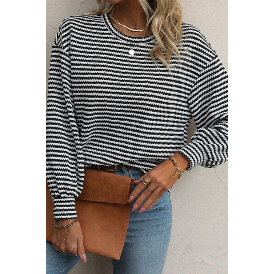 Striped Round Neck Long Sleeve Top Black / S Apparel and Accessories