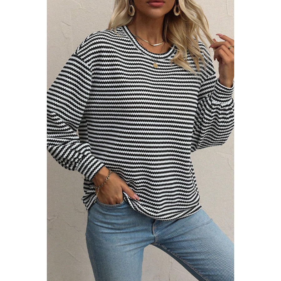 Striped Round Neck Long Sleeve Top Apparel and Accessories