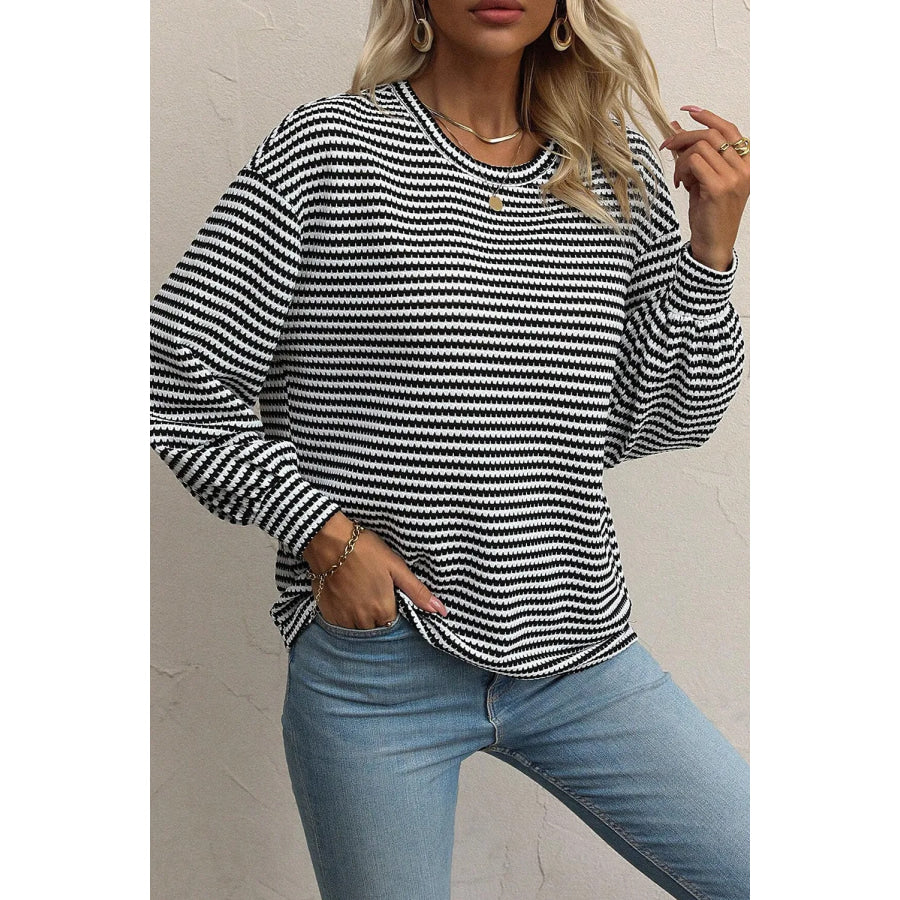 Striped Round Neck Long Sleeve Top Black / L Apparel and Accessories