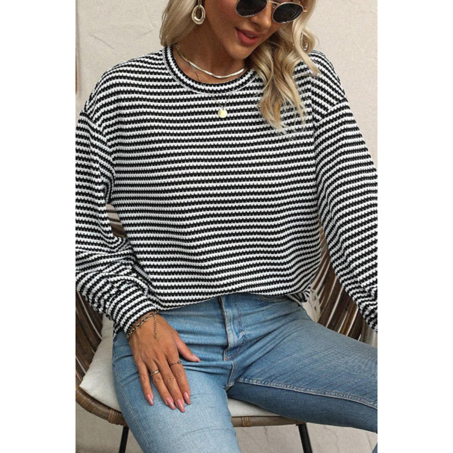 Striped Round Neck Long Sleeve Top Black / S Apparel and Accessories