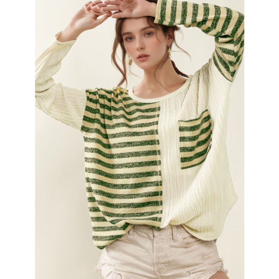 Striped Round Neck Long Sleeve Top Green / S Apparel and Accessories