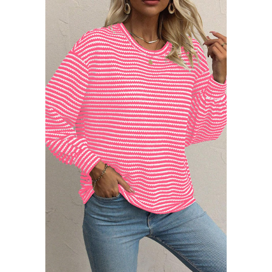 Striped Round Neck Long Sleeve Top Pink / S Apparel and Accessories