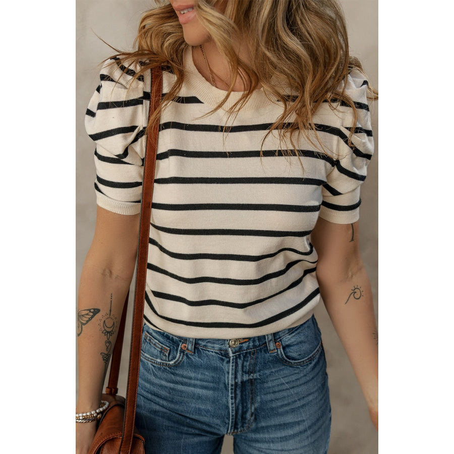 Striped Round Neck Puff Sleeve Knit Top Apparel and Accessories