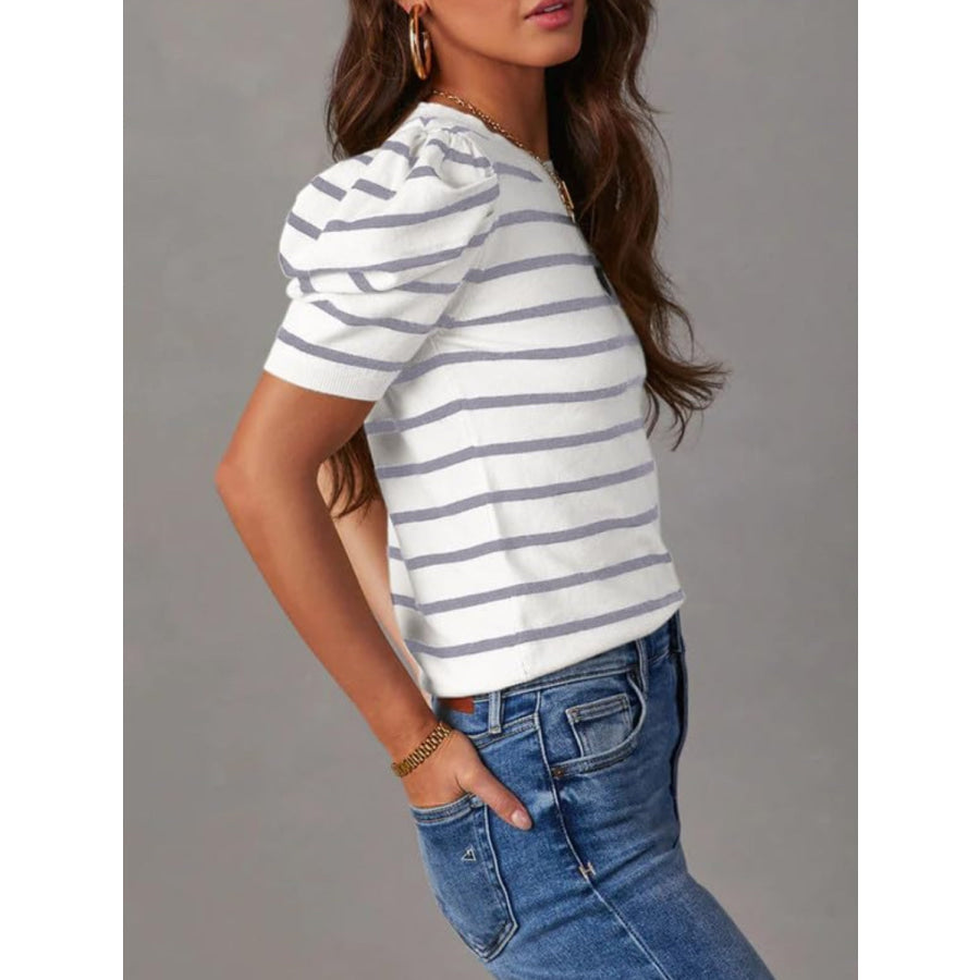 Striped Round Neck Puff Sleeve Knit Top Apparel and Accessories