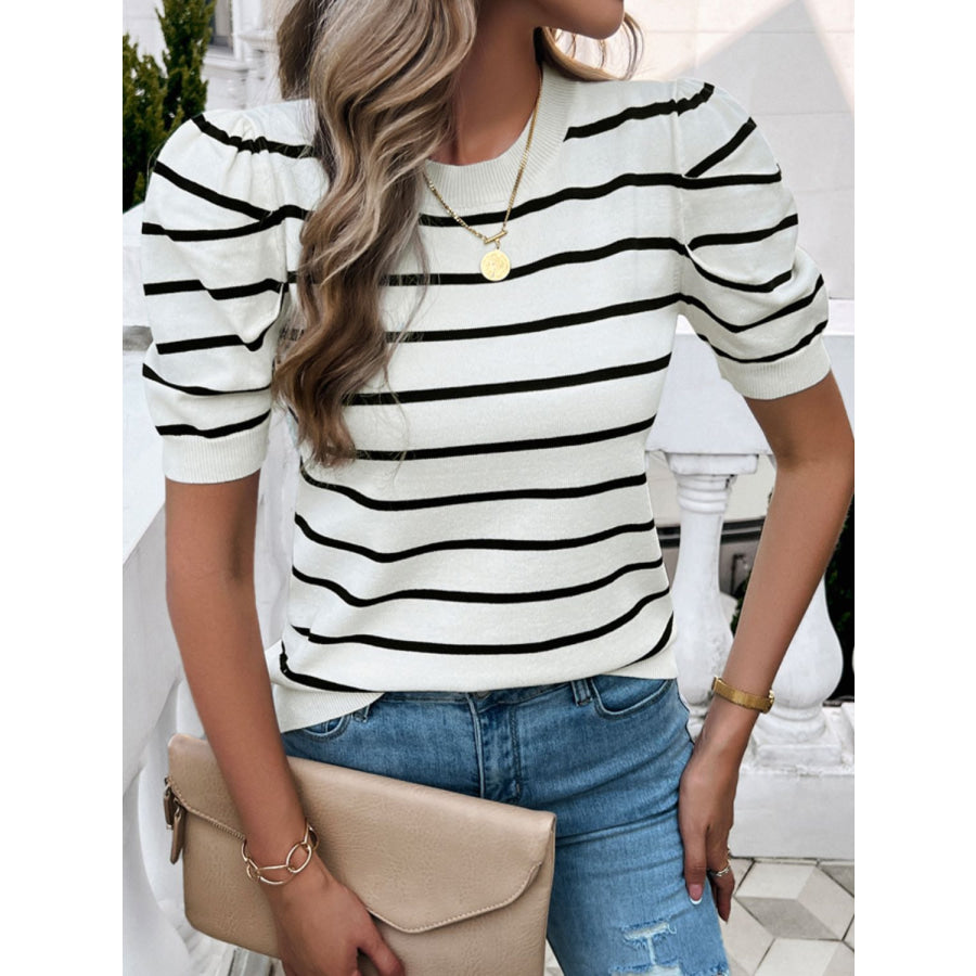 Striped Round Neck Puff Sleeve Knit Top Apparel and Accessories