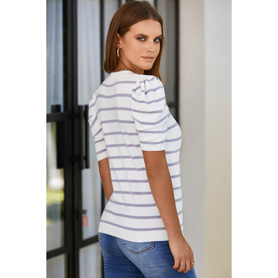 Striped Round Neck Puff Sleeve Knit Top Apparel and Accessories