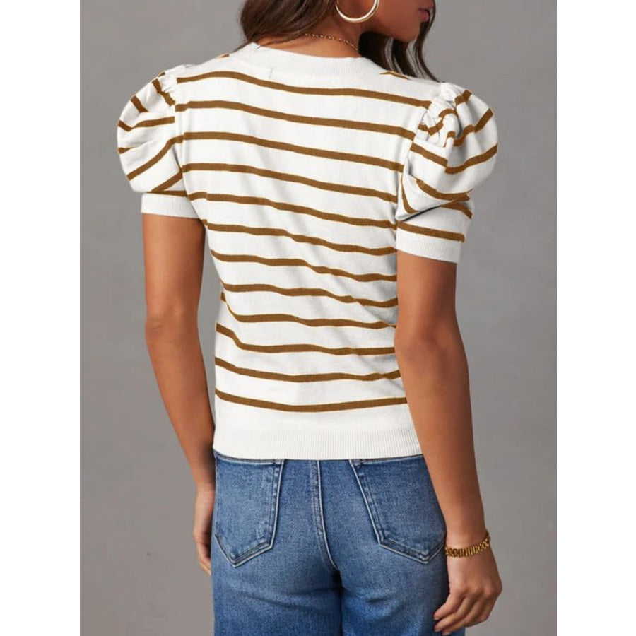 Striped Round Neck Puff Sleeve Knit Top Apparel and Accessories