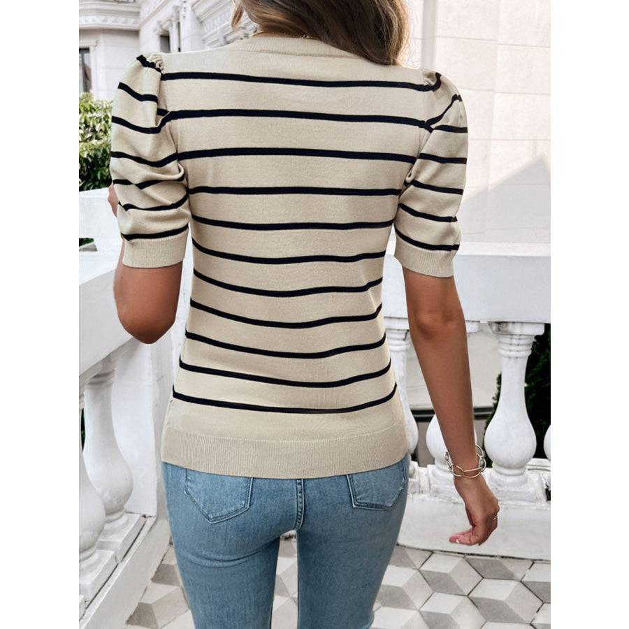 Striped Round Neck Puff Sleeve Knit Top Apparel and Accessories