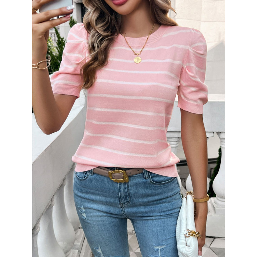 Striped Round Neck Puff Sleeve Knit Top Apparel and Accessories