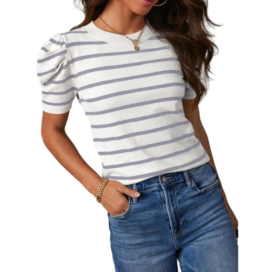 Striped Round Neck Puff Sleeve Knit Top Apparel and Accessories