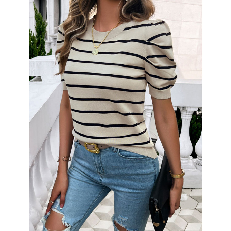 Striped Round Neck Puff Sleeve Knit Top Apparel and Accessories