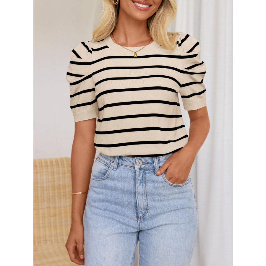 Striped Round Neck Puff Sleeve Knit Top Tan / S Apparel and Accessories