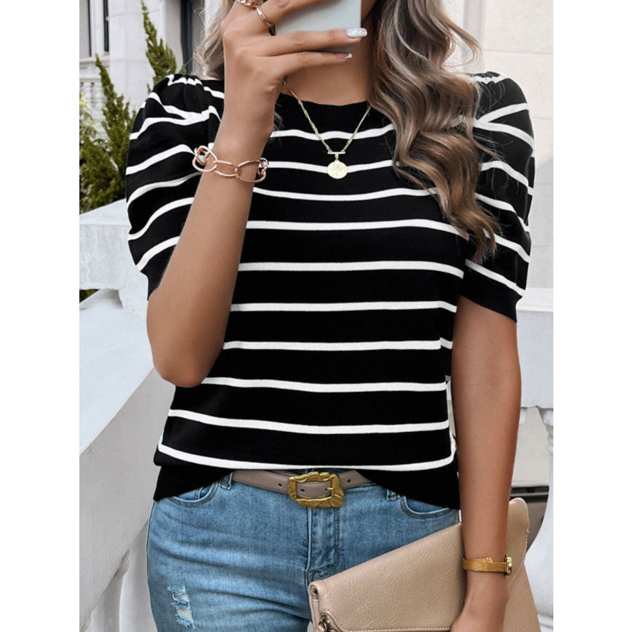 Striped Round Neck Puff Sleeve Knit Top Apparel and Accessories