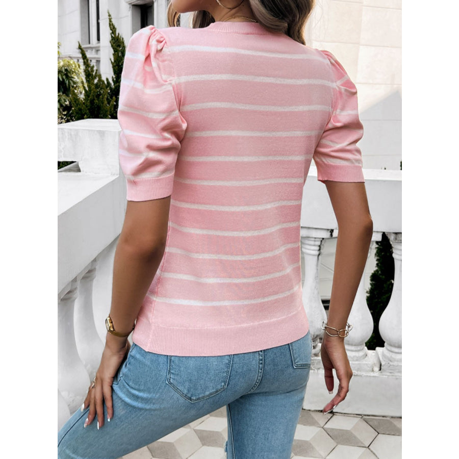 Striped Round Neck Puff Sleeve Knit Top Apparel and Accessories