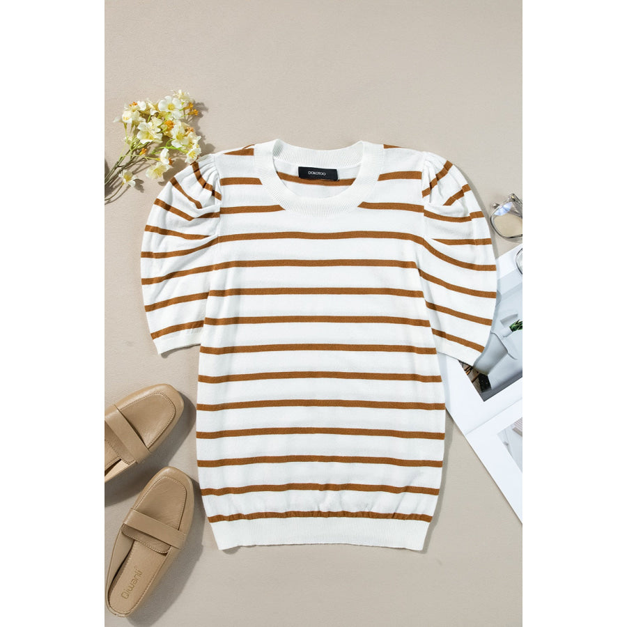 Striped Round Neck Puff Sleeve Knit Top Apparel and Accessories