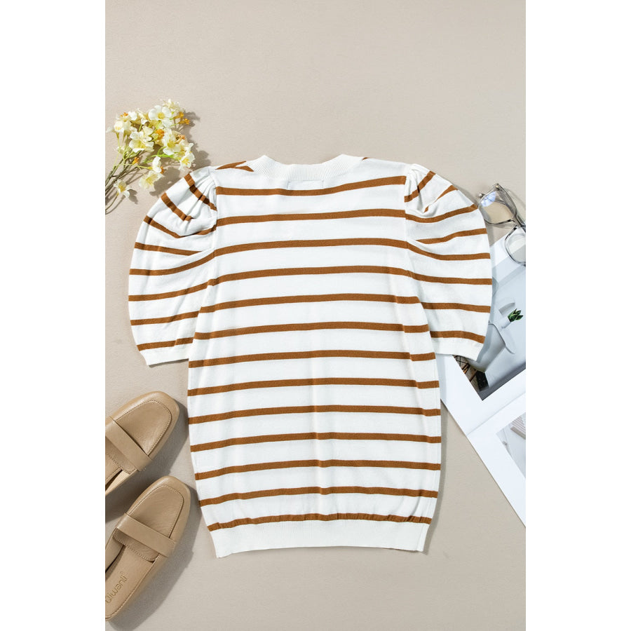 Striped Round Neck Puff Sleeve Knit Top Apparel and Accessories