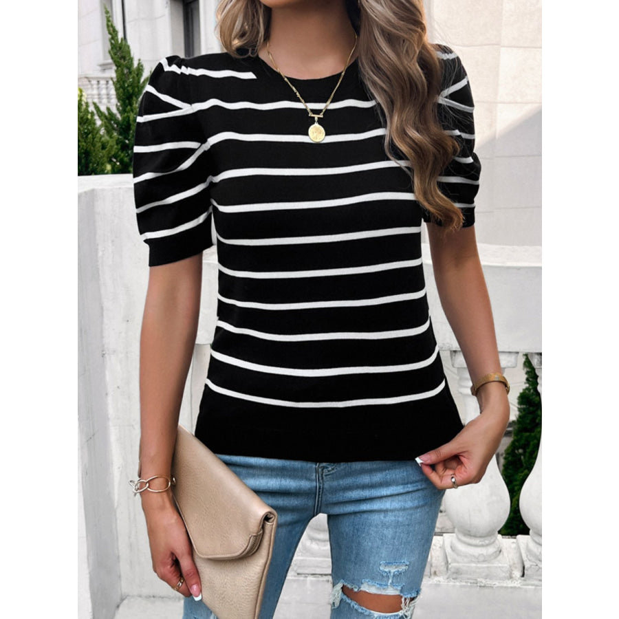 Striped Round Neck Puff Sleeve Knit Top Apparel and Accessories