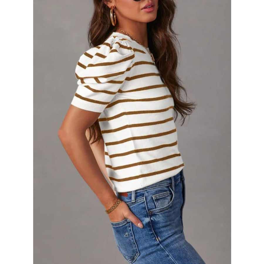 Striped Round Neck Puff Sleeve Knit Top Apparel and Accessories